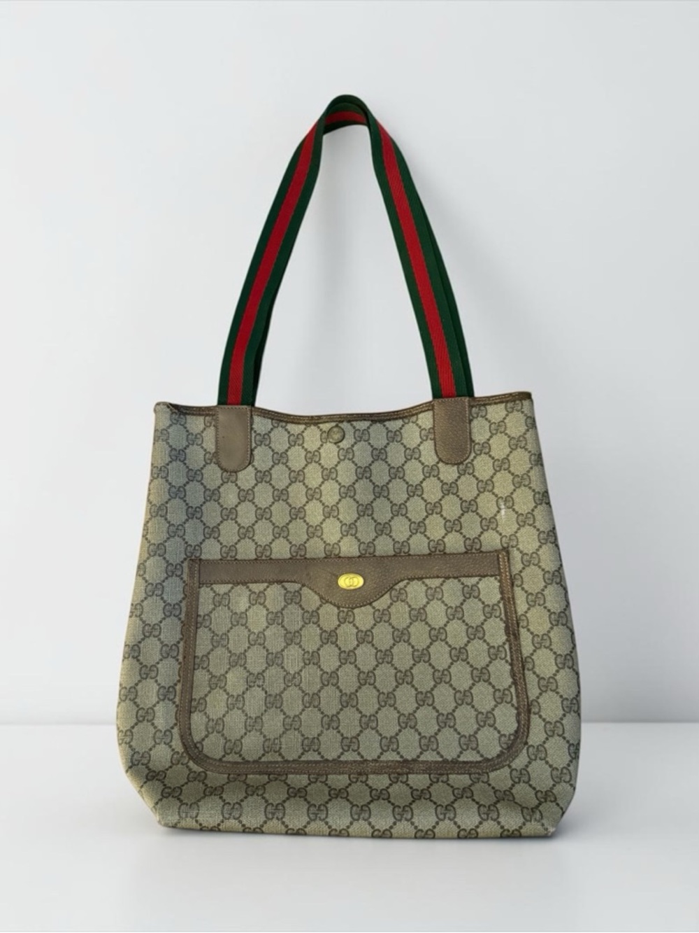 Gucci Beige GG Canvas Tote with Green and Red Striped Handles